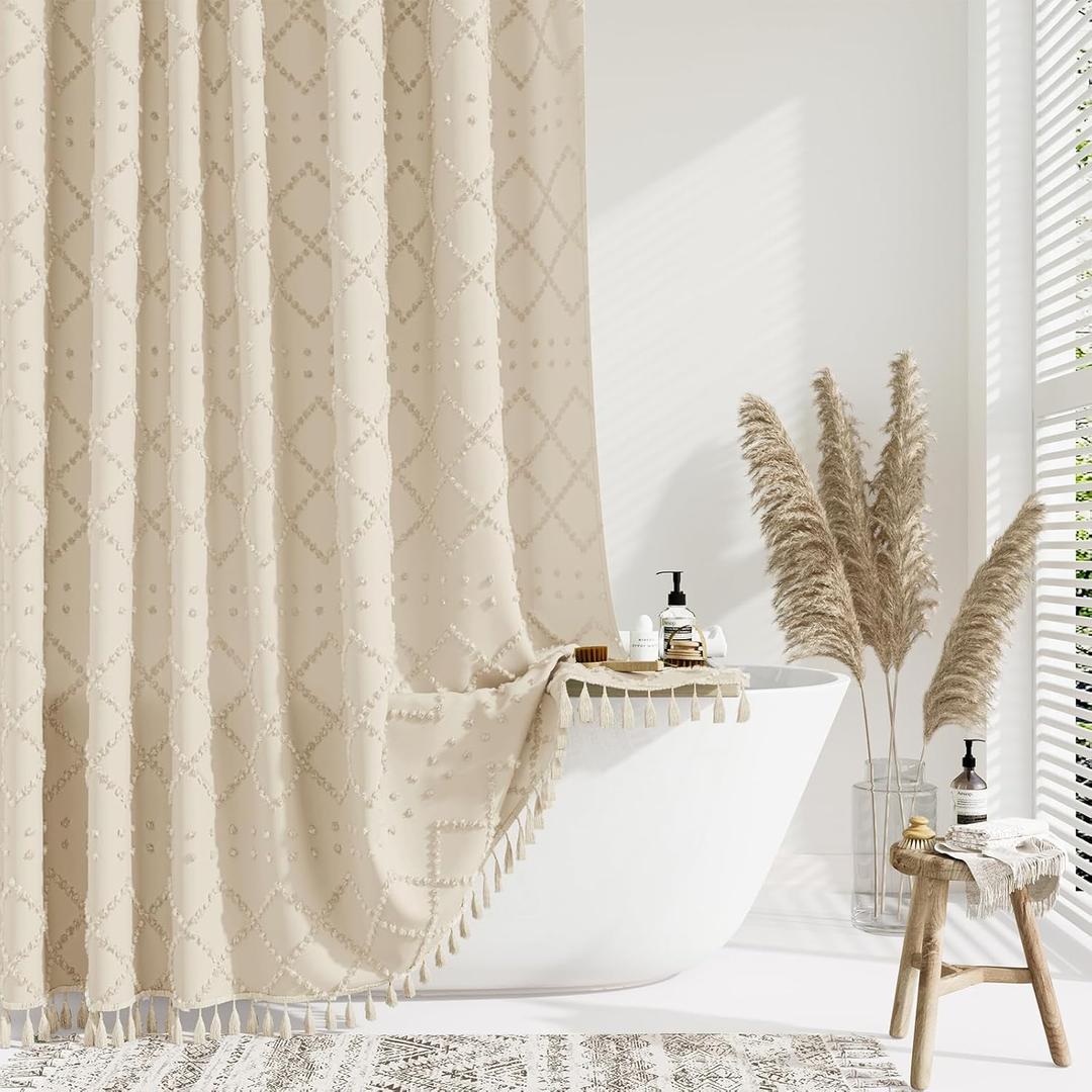 Dynamene Beige Fabric Shower Curtain, Boho Tufted Geometric Striped Tassel Shower Curtain for Bathroom, Shabby Chic Textured Modern Farmhouse Waterproof Cloth Shower Curtain Set, Wrinkle Free, 72x72