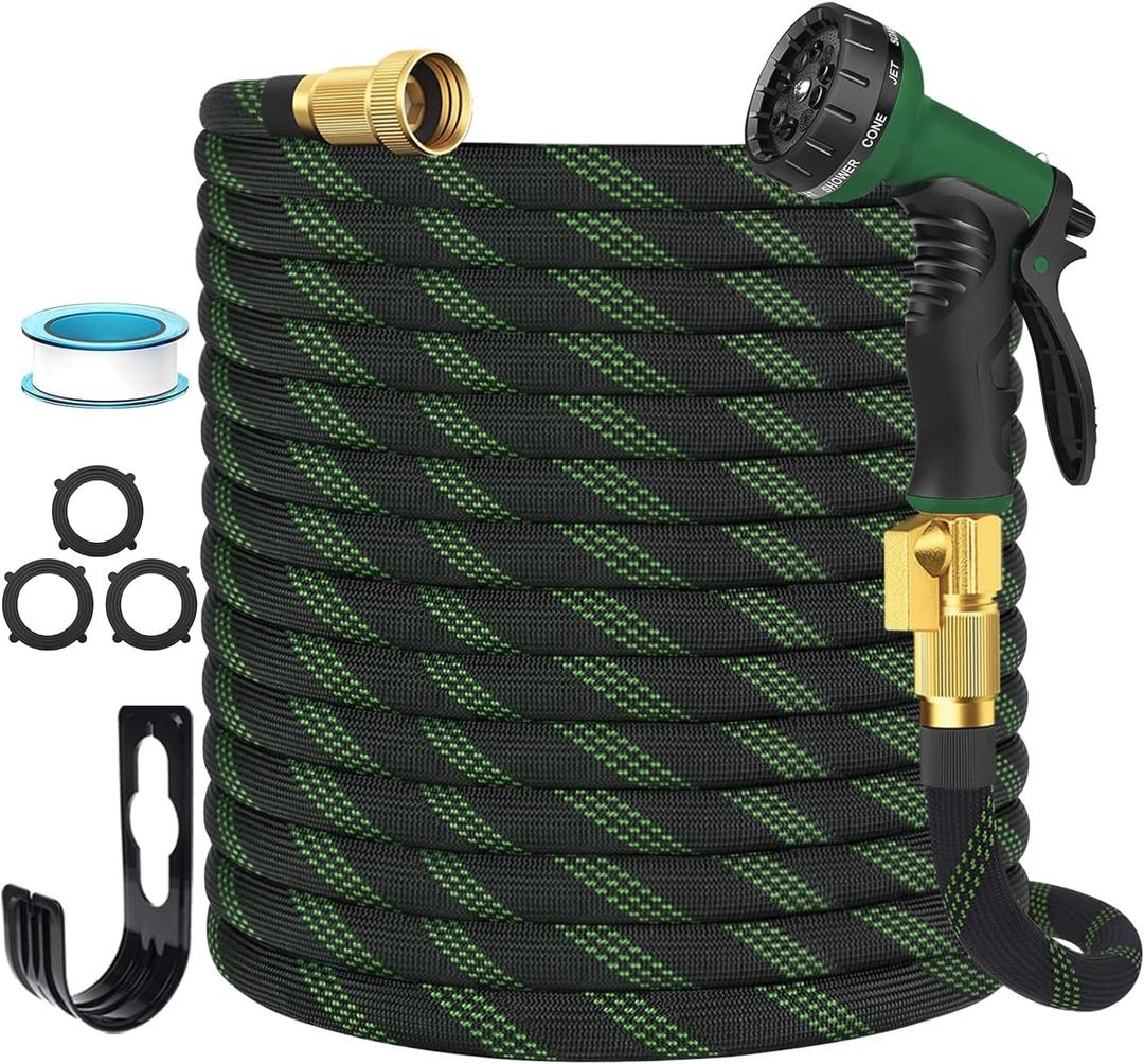 Garden Hose Non-Expandable 50 ft, Lightweight Flexible Water Hose with 10-Pattern Spray Nozzle, Leak Proof, Kink-Free, Portable Hose for Yard, Lawn, Camper, High-Density Fabric, Black Green