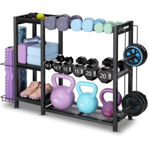 3-Tier Dumbbell Rack Stand Only - Adjustable Weight Rack for Home Gym, Heavy-Duty Weight Stand for Dumbbells Kettlebells Foam Roller Yoga Mats, Workout Equipment Storage Organizer With Hooks