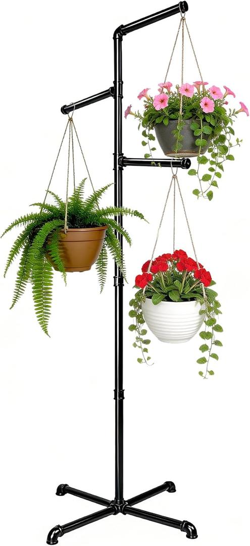 Hjarta Hanging Plant Stand Indoor with 3 Bars, 60 Inch Hanging Basket Stand, Plant Hanger Stand for Balcony, Bedroom, Living Room, Garden