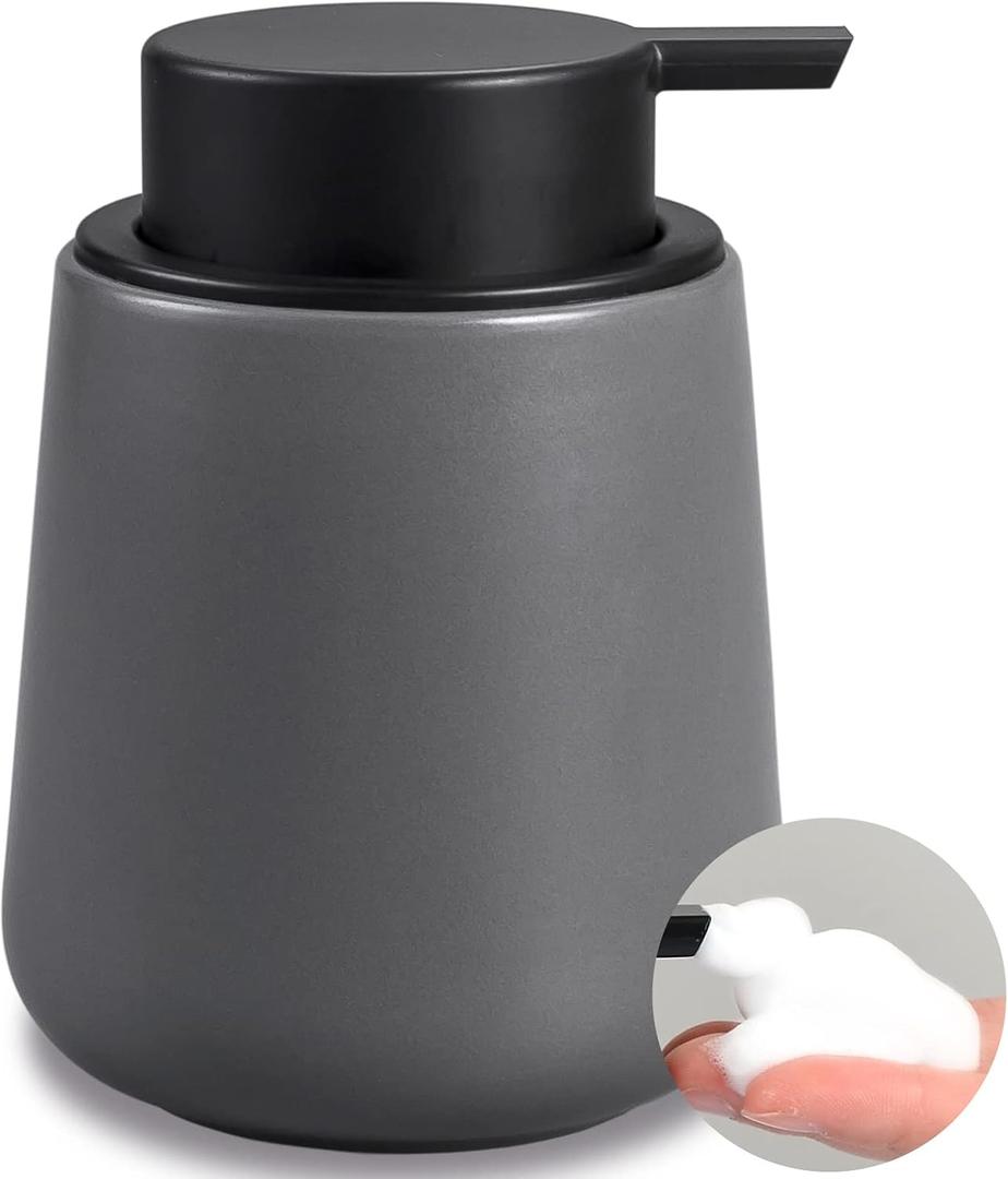 BosilunLife Foam Soap Dispenser - 12 oz Bathroom Lotion Hand Pump Dispenser Grey Foaming Soap Dispenser Ceramic Dish Liquid Dispenser for Kitchen Hand Wash Dispenser