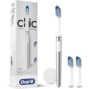 Oral-B Clic Deluxe Starter Kit, Manual Toothbrush with 3 Brush Heads & Magnetic Brush Mount, White