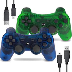 Wireless Controller for PS-3 Motion Sense Double Vibration Upgraded Gaming Remote for Play 3 with Charging Cord (Transparent Green and Transparent Blue)