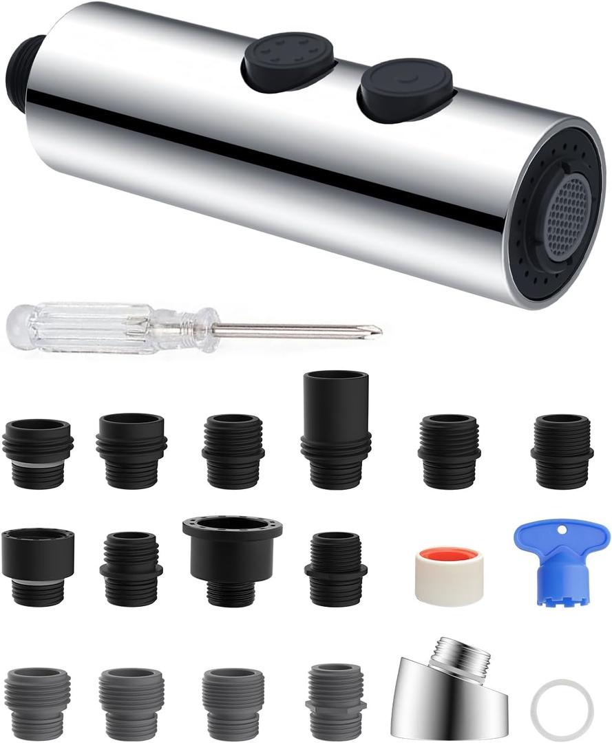 Hibbent Metal Pull Down Kitchen Faucet Head Replacement with 15 Adapters, Sink Spray Head, 2 Function Spray Nozzle Compatible with Moen, American Standard, Delta, Kohler Faucets, Chrome (Silver)