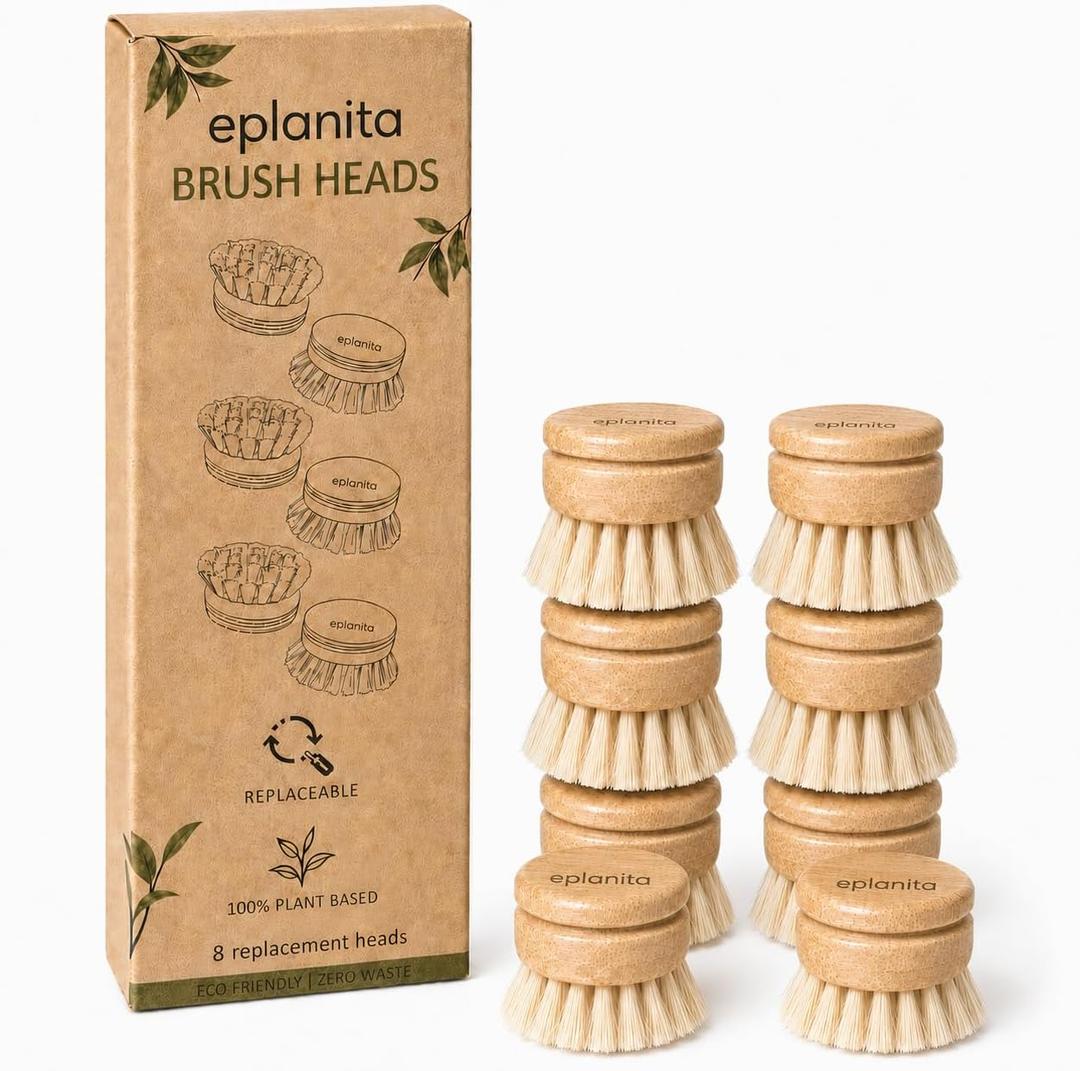 eplanita Replacement Brush Heads (Pack of 8) for Bamboo Dish Brush, Sisal Bristle Refills, Agave Cactus Fibres, Kitchen Eco Scrubber, Plastic Free Washing Up, Zero Waste Cleaning