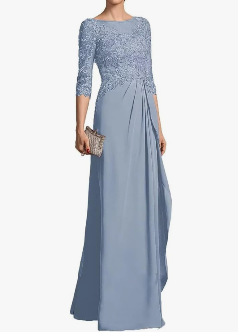 Mother of The Bride Dress 3/4 Sleeve Chiffon Laces Appliques Ruched Formal Evening Gowns, Blue ,18 Plus