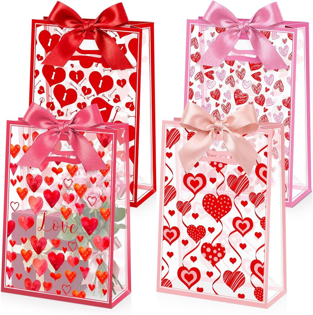 Capoda 24 Pack Valentine's Day Gift Bags Bulk with Handle & Ribbons - Reusable Plastic Heart Favor Bags for Classroom School Party Exchange, Waterproof Goody Treat Totes for Galentine's Wedding Gifts