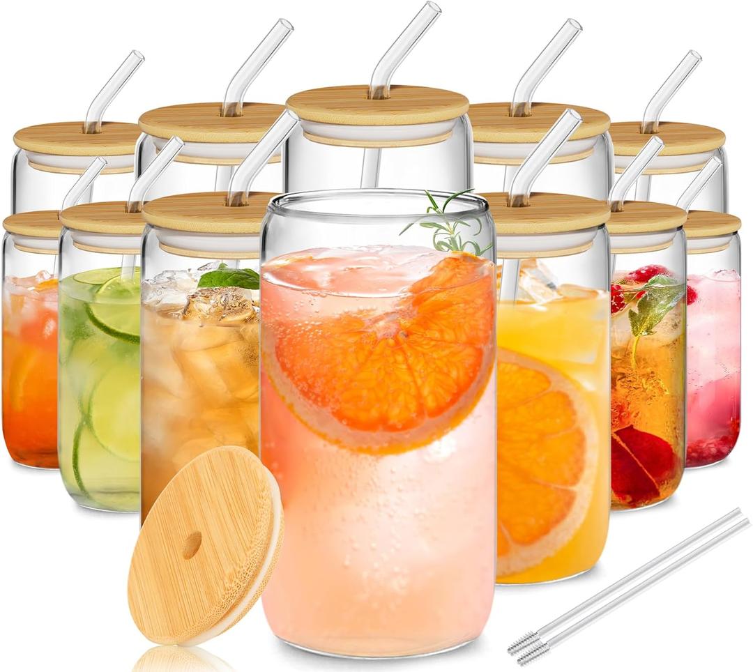 12Pcs Glass Cups with Lids and Straws - 16oz Can Shaped Drinking Glasses Set, Iced Coffee Cup, Beer Glasses Tumbler for Juice, Soda, Smoothie, Boba Tea, Whiskey, Cocktail Include 2 Cleaning Brushes (Clear)