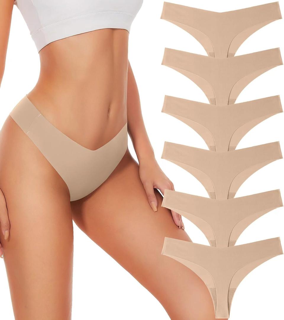 Hellopopgo Seamless Thongs For Women V-waisted No Show Thong Seamless Panties Breathable Comfortable Underwear Womens 6-Pack (Beige, L)