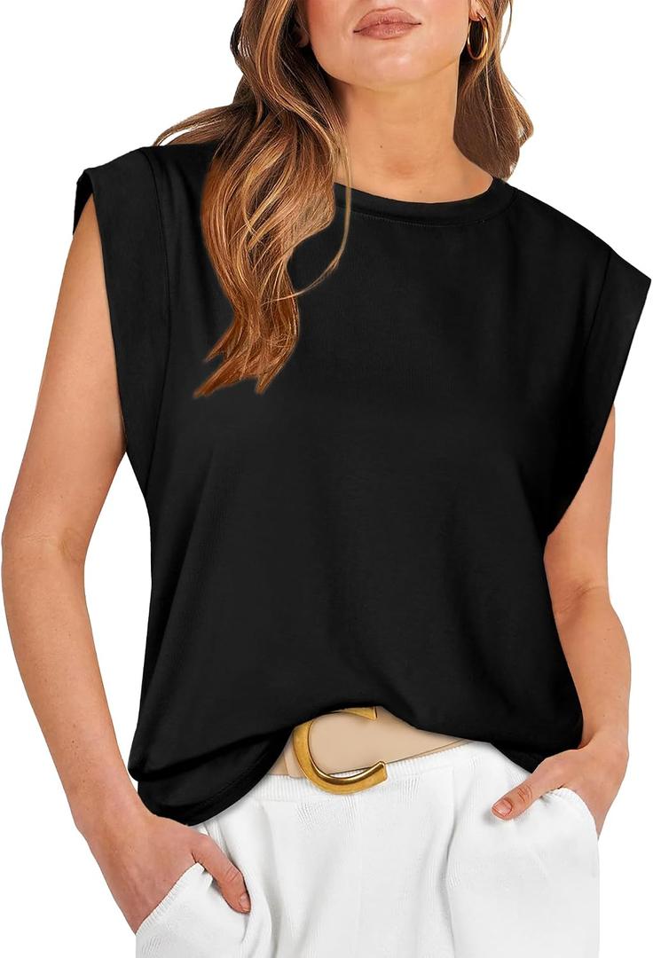 WIHOLL Cap Sleeve Tops for Women Summer Top Basic Tee Shirts Business Casual Tank Loose Fit 2026 Fashion (Black, S)
