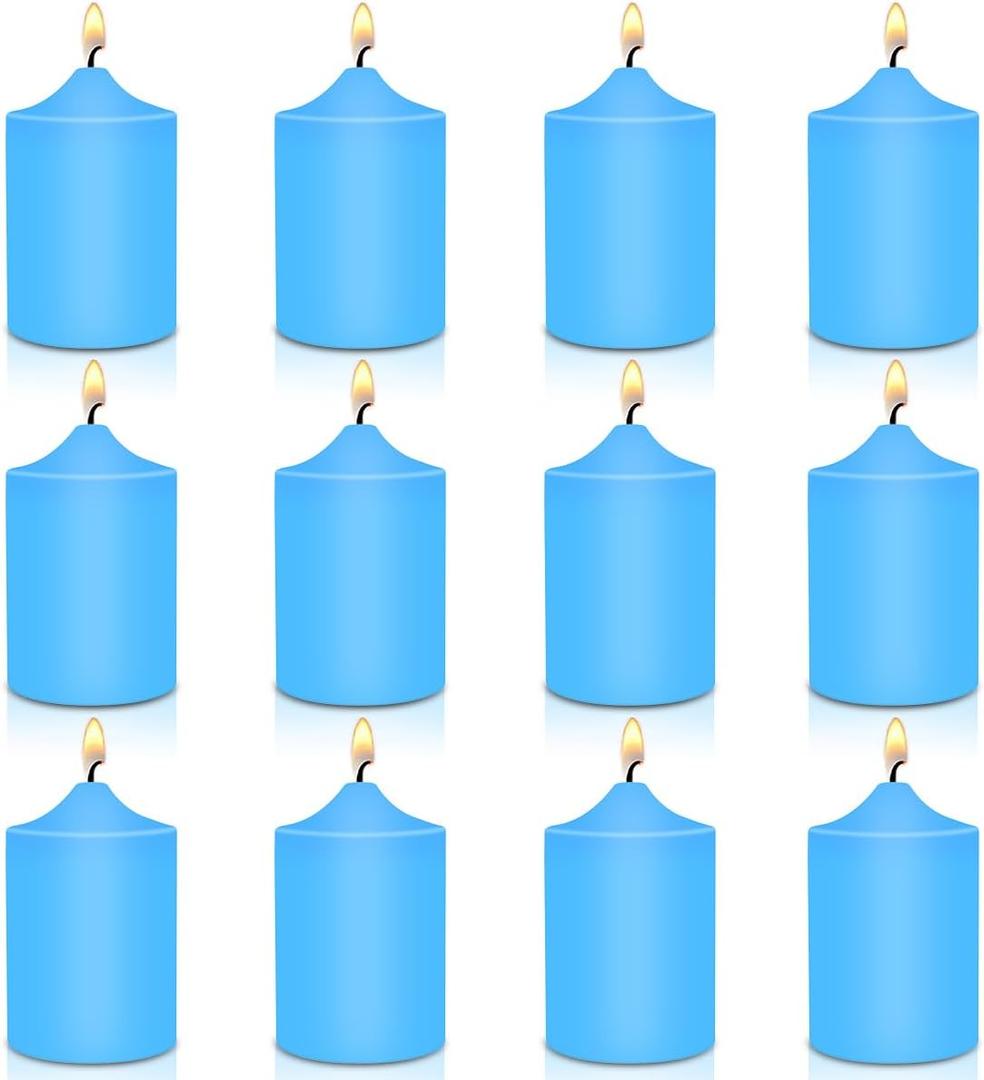 12 Pack 2x3 Hand Poured Dripless Pillar Candles, Soy Candles, Non-Toxic, Unscented, Smokeless, for Power Outages & Emergency (Blue)