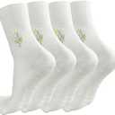 Cute Embroidered Yoga Socks for Women – Non-Slip Grip Socks with Floral Design, One Size Fits Most, 4 Pairs