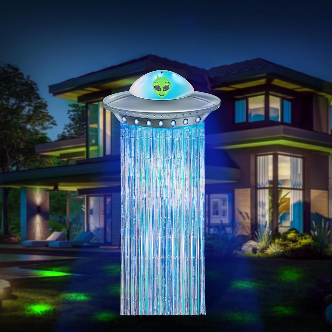 Alien Birthday Party Decorations Door Curtain with Foil Fringe Tinsel Spacecraft Flying Saucer Spaceship Hanging Banner for Alien Halloween Party(Golden Blue) 2 Packs