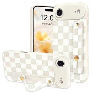 NITITOP Compatible for iPhone 17 Air Case with Wrist Strap Kickstand Cute Trendy Checkerboard Plaid for Women Girls Slim Fit TPU Shockproof Full Camera Protective Cover - White