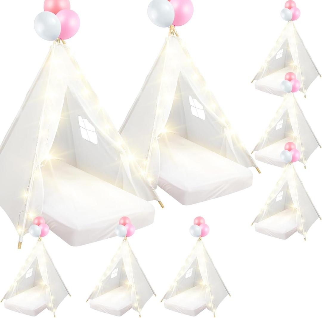 8 Pack Sleepover Tent for Girls Party, Teepee Tent for Kids Slumber Party Bulk with Light String, Air Mattress, Fitted Sheet, Washable Natural Cotton Toddler Teepee Indoor Outdoor (White)