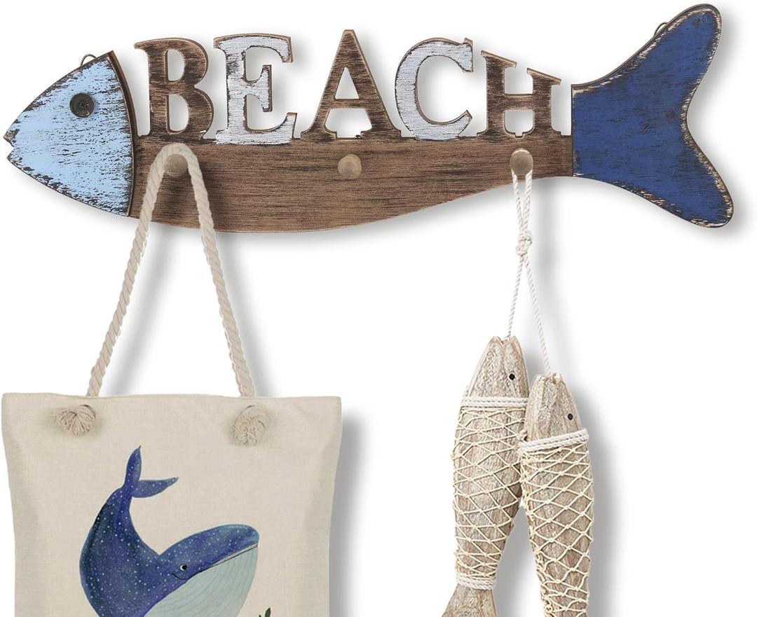 22" Fish Nautical Coat Hook Bathroom Towel Hanger Hanging Plaque for Garden Indoor Outdoor Coat Rack Kitchen Coastal Wall Decor (Beach-Fish-21")