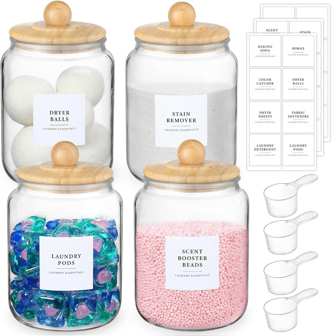 4 Pack Glass Jars with Bamboo Lids and Labels, Glass Containers for Laundry Room Organization and Storage, Half Gallon Airtight Glass jars Holder for Laundry Detergent, Pods, Scent Booster Beads (clear)