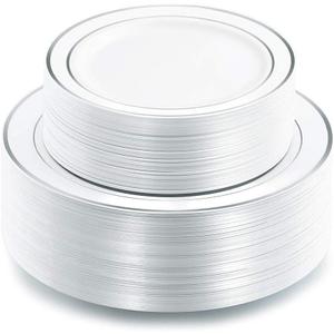 I00000 102pcs Silver Plastic Plates, Disposable Plastic Party Plates with White Silver Rim Fancy Wedding Party Plates Include 51 Dinner Plates 10.25" and 51 Dessert Appetizer Plates 7.5"
