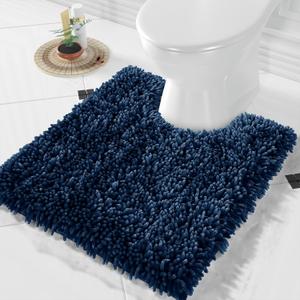 Yimobra Toilet Rugs U Shaped Washable, Extra Thick Soft Absorbent Chenille Contour Bathroom Rugs for Toilet 24x20 Inch, Quick Dry Non Slip Toilet Mat for Bath Floor, Navy Blue