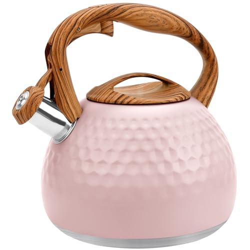 GGC Tea Kettle for Stove Top, Loud Whistling Kettle for Boiling Water Coffee or Milk, 3.1 Quart 3L Heavy Stainless Steel Pink Kettles with Wood Pattern Handle, Unique Button Control Kettle Outle