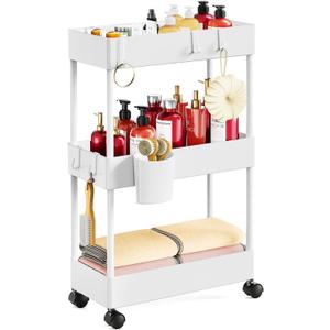 Pipishell Slim Storage Cart with Wheels, Bathroom Cart Organizer Storage Small, Rolling Carts for Bathroom, Laundry Room, Kitchen, Narrow Space, White PIUC04W (3-Tier)