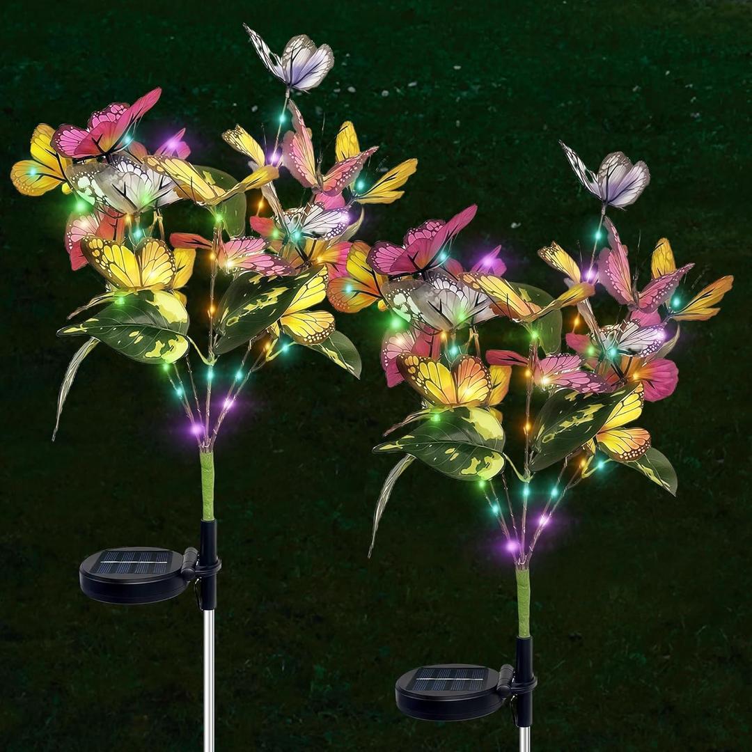 Solar Lights Outdoor,2 Pack Blooming Butterfly Decorations Flowers,Outdoor Waterproof Landscape Lights for Yard Patio Lawn Garden Decor,Gifts for Women Mother's Day
