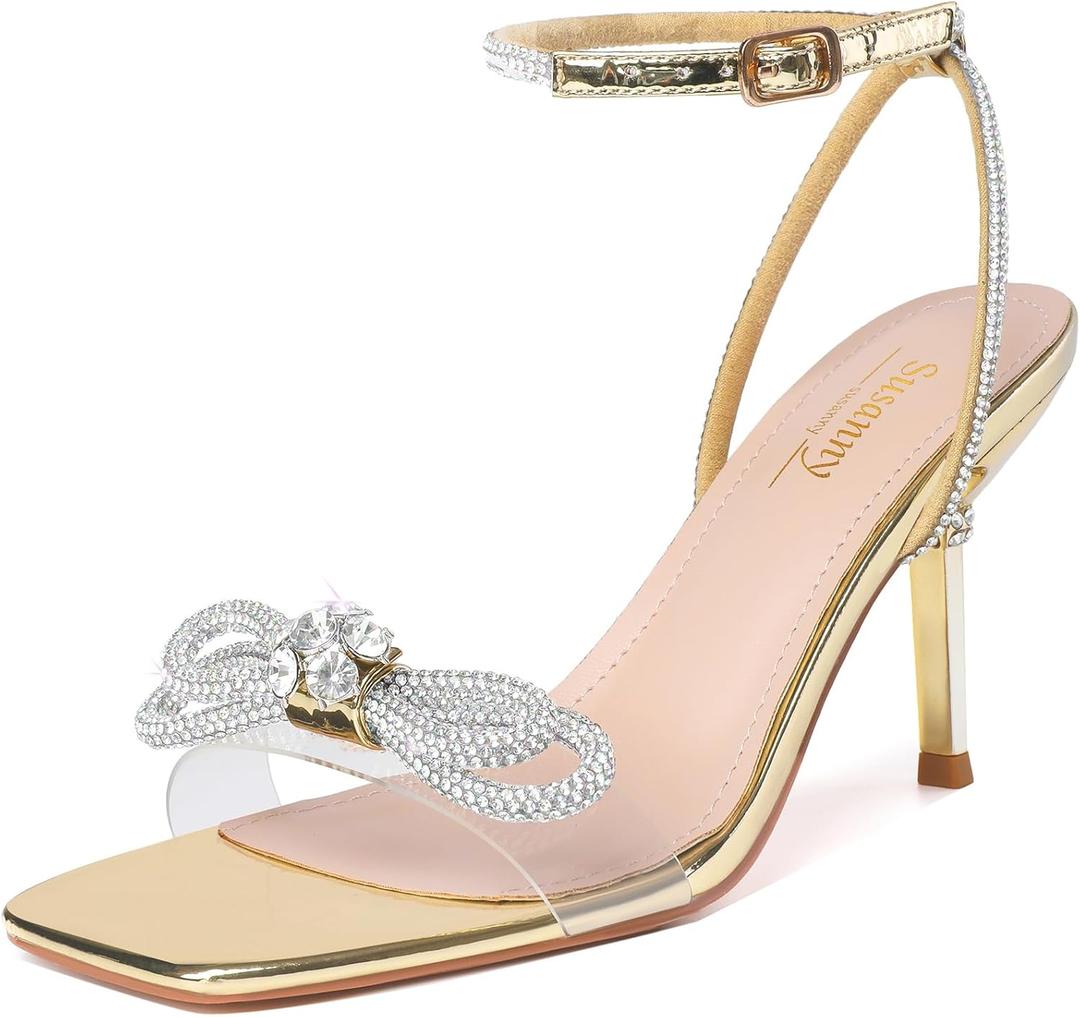 Susanny Women's Closed Toe Rhinstone Wedding Low Heel Slingback Clear Kitten Heels,Adjustable Strap Pointed Toe Bow Pumps High Heeled Prom Dress Shoes (Gold)