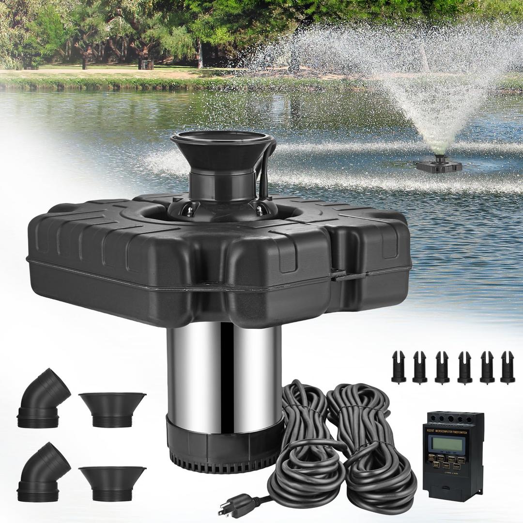 Pond Fountain Aerator, 1HP 750W 110V Stainless Steel Floating Fountain Pump with 100FT Power Cord and Multi-Function Timer, Dual Nozzles, Floating Fountain for Large Pond/Lake