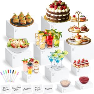 10 Pcs White Acrylic Buffet Risers with Mini Sign and Marker, Food Display Stands for Buffet Table Party Catering Dessert Jewelry Collectibles, Acrylic Cube Nesting Boxes with Hollow Bottoms 8 Sizes (10" 9" 8" 7" 6" 5" 4" 4" 3" 3")