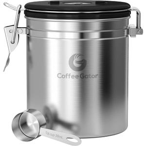 Coffee Gator Coffee Canister, 16oz Airtight Stainless Steel Kitchen Food Storage Container with Date Tracker, Scoop for Sugar,Grounds Coffee, Beans,Tea, Sugar, Cereal, Flour, Cookies Jars - Silver