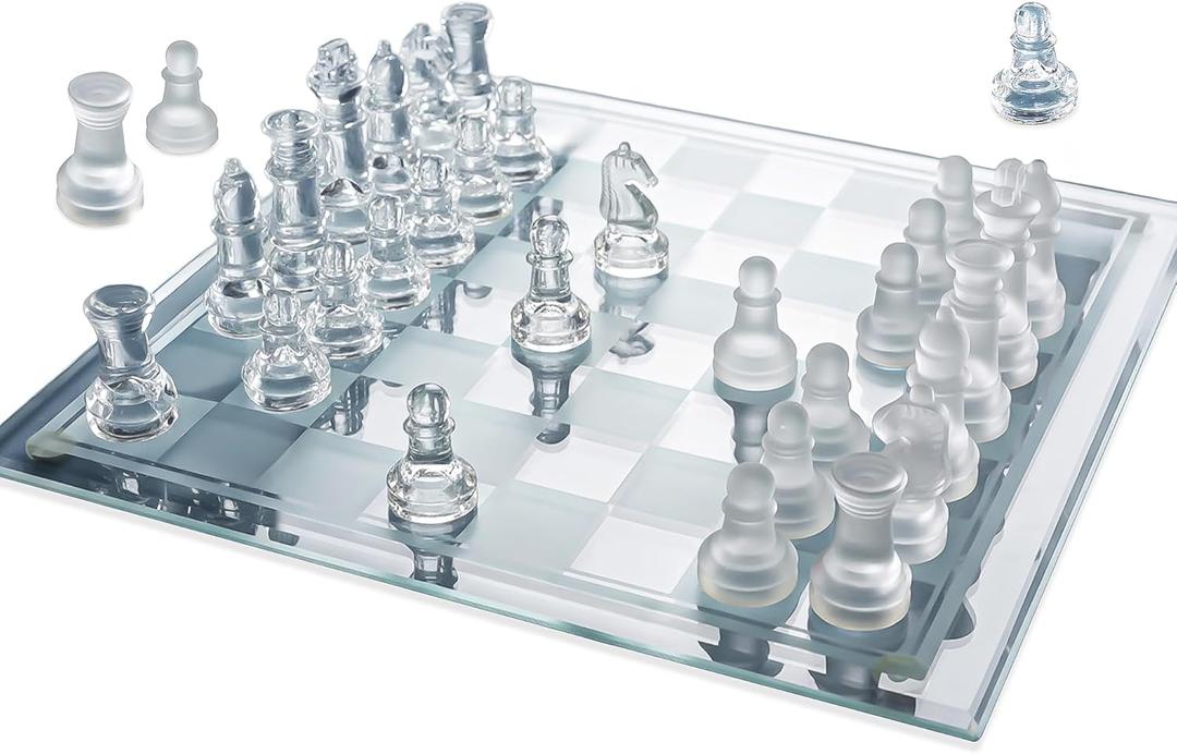 Gamie Premium Glass Chess Set, 10 Inch - Elegant Design - Durable Build - 32 Frosted and Clear Pieces - Felted Bottoms - Easy to Carry - Stable & Fully Functional for Chess Lovers