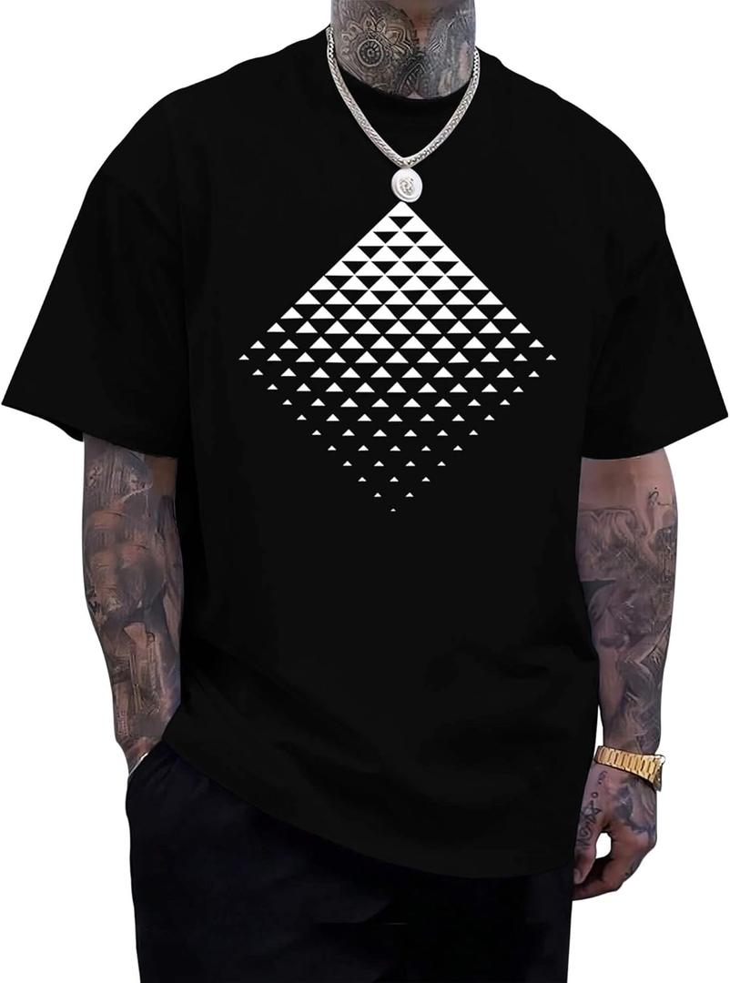 Mens Graphic T-Shirts Triangle Geometric Gradient Art Short Sleeve Summer Top Crewneck Casual Tees for Men (Large, Black)