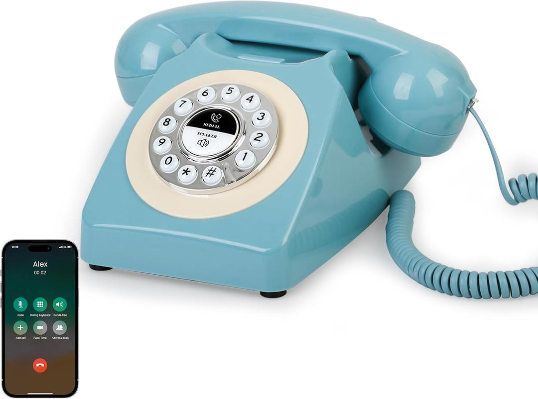 Retro Blue Bluetooth Landline Phone, Mid-Century Style Desk Telephone with Classic Handset, Loud Vintage Ringtones, Bluetooth Connects to Smartphone, Cute Retro Decor Phone for Bedroom, Home & Office