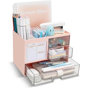 QIYVLOS Multi-Functional Desk Organizer with 3 Drawer and 8 Compartments, Pink