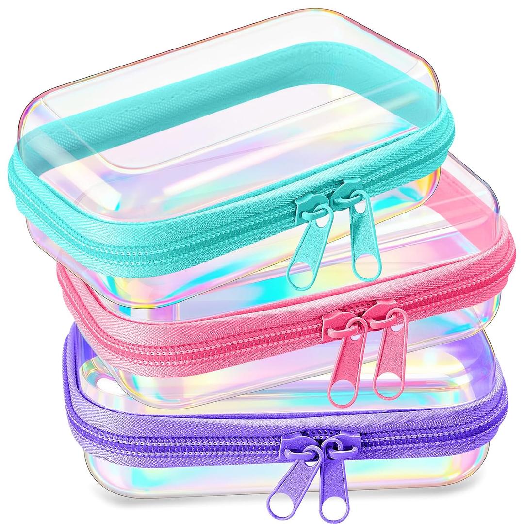 Hoolerry 3 Pcs Clear Hard Zipper Case Hard Plastic Zipper Pouch Makeup Bag Portable Travel Organizer for Cosmetics, Office Supplies, Documents & Toiletries(Laser,Xs)