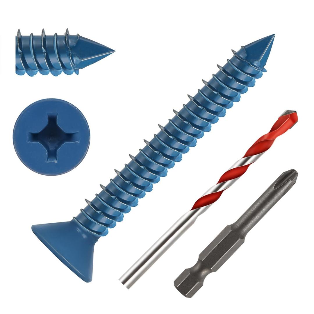 1/4" x 1-3/4" Concrete Screws, 100 PCS Blue Flat Head Concrete Screws Anchor Kit with Drill Bit and Screwdriver Bit, for Masonry, Cement, Block, Brick or Stucco