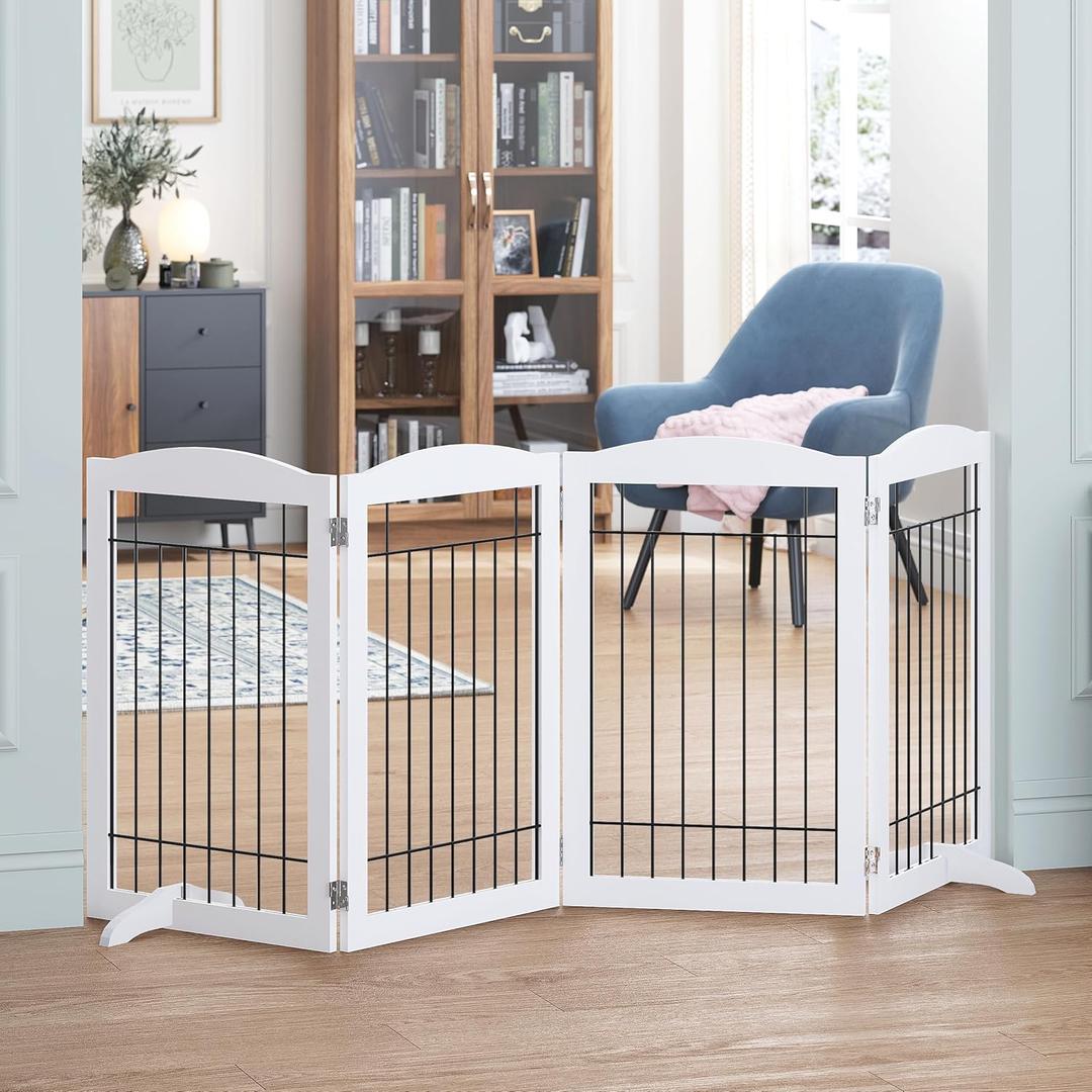 Spirich Free Standing Foldable Wire Pet Gate for Dogs, 80 inches Extra Wide, 30 inches Tall 4 Panels Dog Gate for the House, Doorway, Stairs, Pet Puppy Safety Fence,Set of Support Feet Included, White (4 Panels80"W x 30"H)