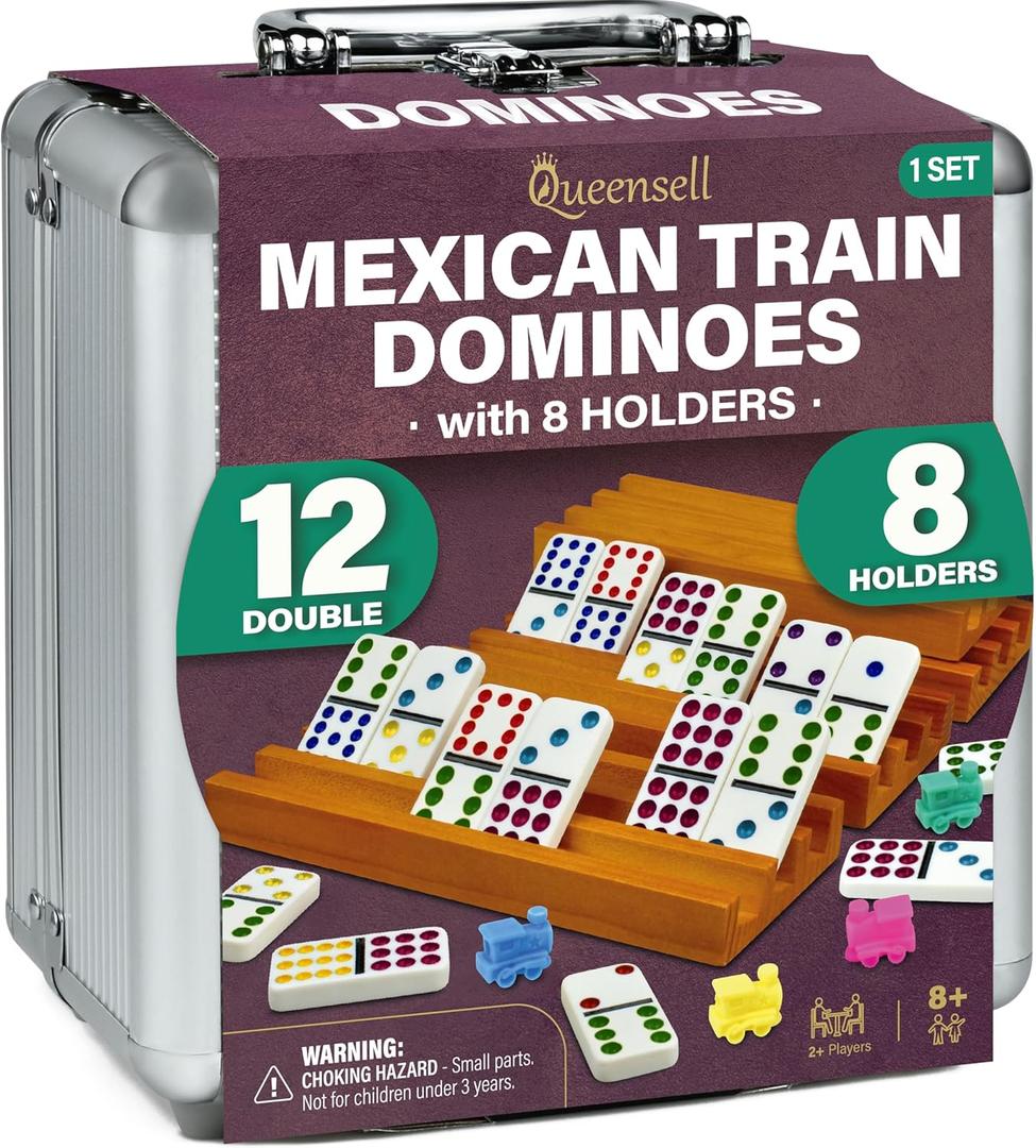 Queensell Mexican Train Dominoes Set with 8 Holders - Wooden Hub and Tiles Holders - Double 12 Tiles with Dots (D12 + 8 Holders)