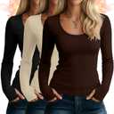 Riyiper 3 Pack Women's Thermal Long Sleeve Shirts, Fleece Scoop Neck Fitted Top Stretchy Thumb Holes Undershirt Baselayer Tee (Medium, Black, Cream, Dark Brown)
