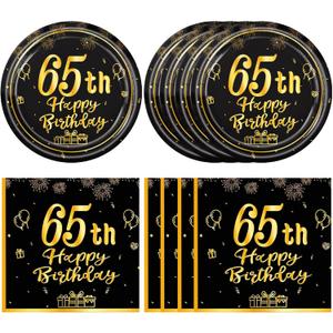 40pcs 65th Birthday Decorations Kit for Men Women 65th Birthday Plates and Napkins Black Gold Vintage 1961 65 Party Tableware Set for Happy 65 Years Old Anniversary Party Supplies