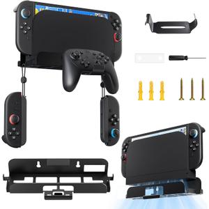 GLDRAM Wall Mount Stand for Nintendo Switch 2/NS/OLED, Metal Wall Mount Suspension Holder Shelf with Hanging Hoods Storage Brackets for Joncon & Pro Controller Accessories - Safely Near or Behind TV