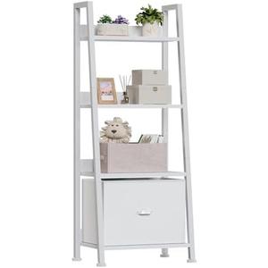 Furologee 4-Tier White Ladder Shelf, Ladder Bookshelf with Removable Drawer, Bookcase Storage Rack Organizer, Freestanding Storage Shelves for Living Room, Home Office, Bedroom