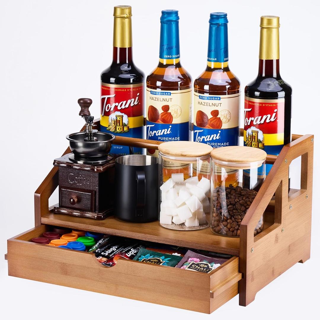 Bamboo Coffee Syrup Rack Organizer 3 Tier Coffee Syrup Rack with Cup Storage Box for Coffee Bar,Syrup Bottle Holder Stand for Syrup,Dressing for Kitchen Coffee Station,Brown