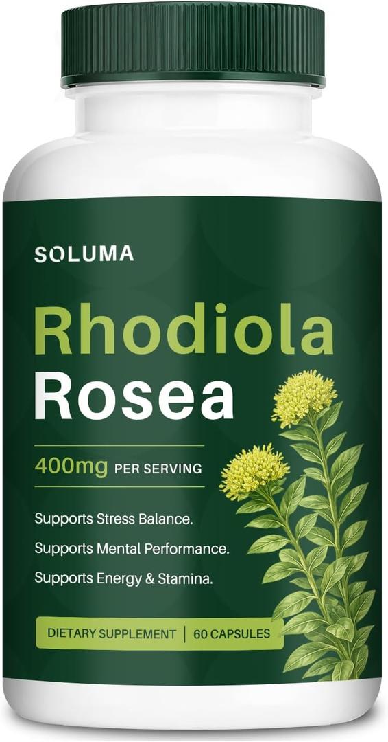 soluma Rhodiola Rosea 400mg Capsules, Adaptogen Supplement for Stress, Focus & Energy Support, Non-GMO, 60 Capsules, BBD: 01/2027