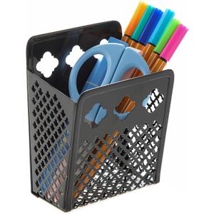Magnetic Pen Holder, Mesh Metal Strong Magnet Dry Erase Marker Holder Pencil Organizer Small Items Basket for Refrigerator, Whiteboard, Locker Accessories-Black (Pack of 1)