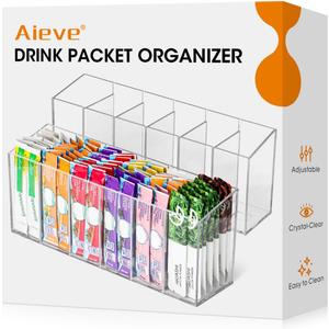 AIEVE 2 Pack Drink Packet Organizer, Water Drink Packet Holder with Removable Dividers for Pantry Organizers and Storage, Water Flavor Powder Mix Holder for Kitchen Storage Organization