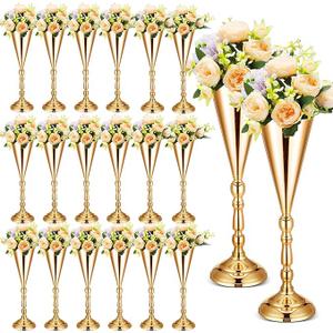 Unittype 20 Pcs 16.5 Inches Tall Gold Vase Centerpiece Wedding Metal Flower Arrangement Stand Trumpet Vase Tabletop Stand Decorative Centerpiece Table Decoration for Anniversary Ceremony Party Decor