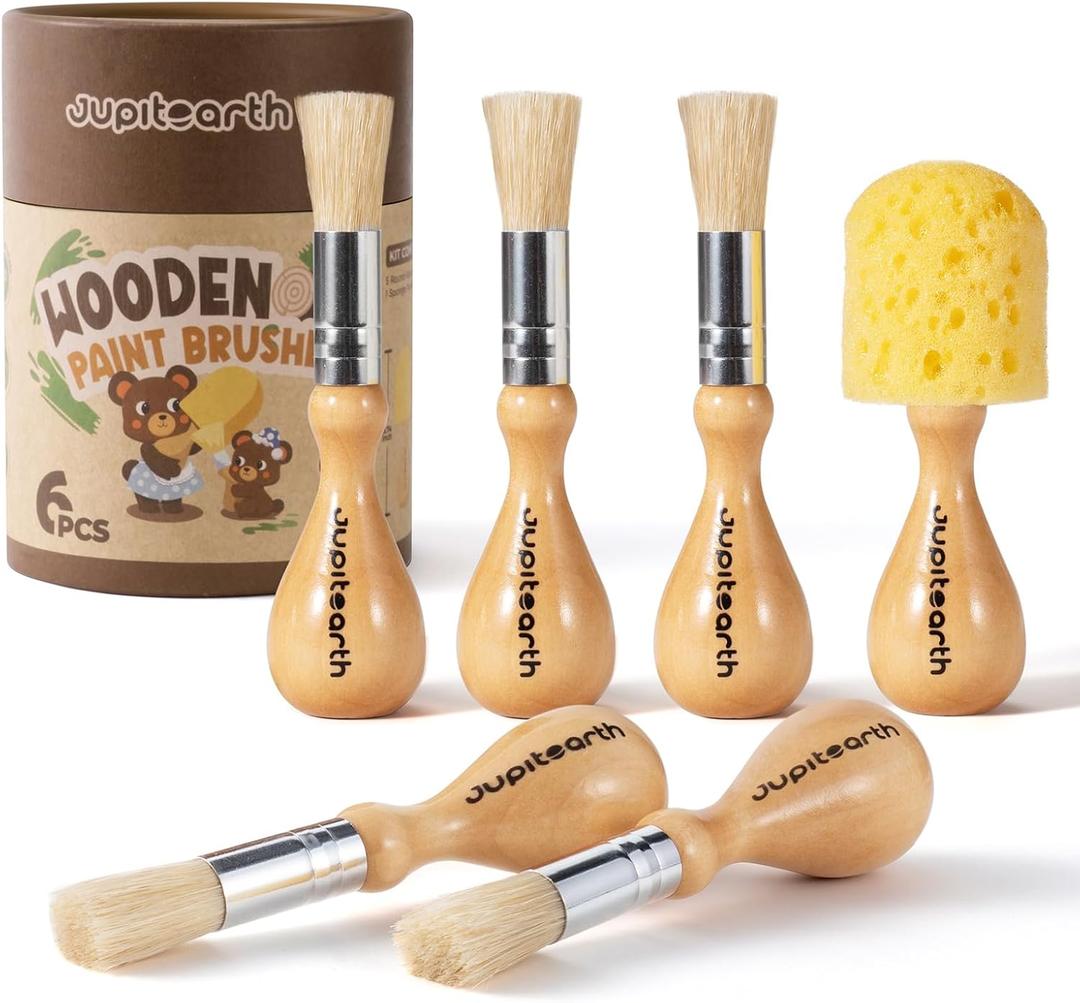 JUPITEARTH Jumbo Paint Brushes for Kids, Easy Grip Round and Sponge Toddler Paint Brushes with Natural Wood Handles for Washable Paint and Acrylic Paint, 6 Pcs
