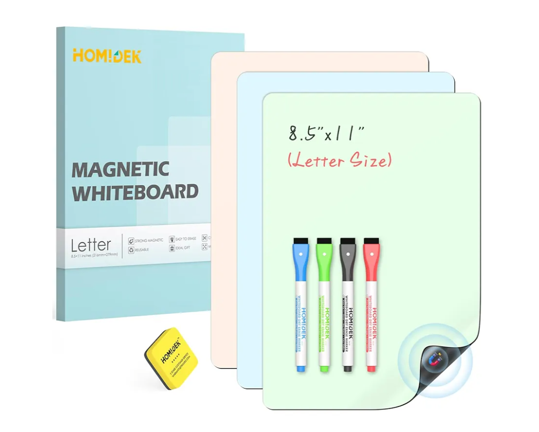 Magnetic Dry Erase Board, 3 Colors Fridge Magnet White Board Sheet with 4 Markers & 1 Eraser, Reusable Blank Magnetic Whiteboard to Write On for Refrigerator, Locker, Cabinet, Door - 8.5 x 11