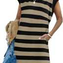 Naggoo Womens Summer Striped T Shirt Dress Crew Neck Cap Sleeve Color Block Casual A Line Short Dresses with Pockets. S